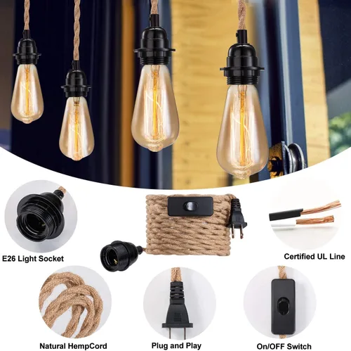 Miniatura 8 de Cable de luz colgante industrial de 15 pies - Accesorio de luz colgante enchufable, Cable de lámpara colgante estilo granja de 15 pies
