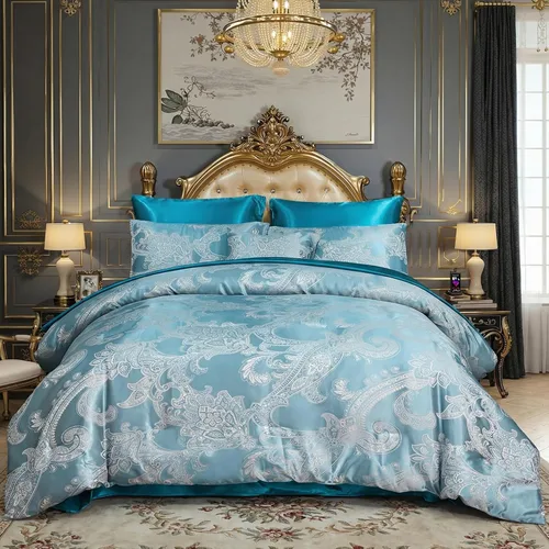 Miniatura 10 de Juego de edredón morado tamaño Queen, juego de sábanas de satén jacquard de 8 piezas bordado neoclásico floral elegante cama decoración del hogar