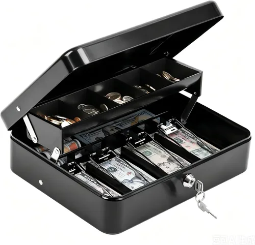 Miniatura 18 de KYODOLED Caja de dinero grande con cerradura de combinación, caja de dinero con bandeja para efectivo, caja fuerte con cerradura con llave, Negro-2