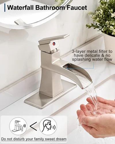 Miniatura 2 de Grifo de lavabo de baño en cascada, grifo de baño de latón cepillado con una manija, un solo orificio de 4 pulgadas o 3 agujeros con drenaje Níquel