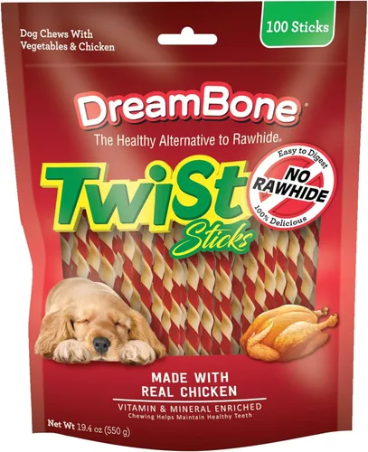 Dreambone Twist Sticks - Masticables para perros sin cuero crudo, hechos con pollo real, 100 unidades (paquete de 1)