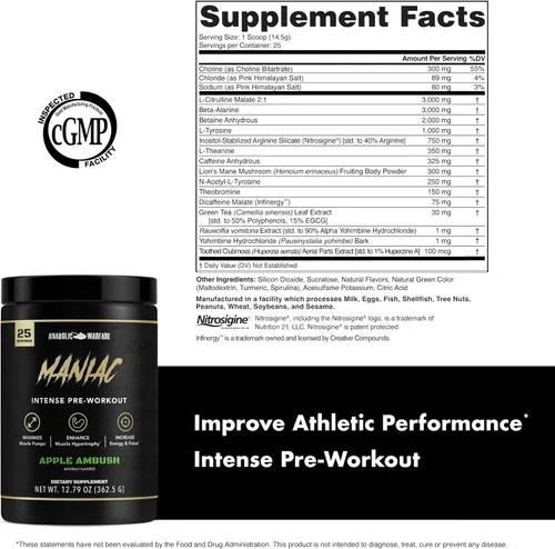 Miniatura 5 de Anabolic Warfare Black Series Maniac, polvo de pre-entrenamiento, soporta óxido nítrico, bombas musculares y síntesis de proteínas* Apple Ambush