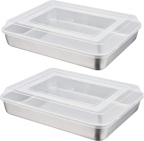 Miniatura 8 de P&P CHEF - Molde de acero inoxidable con tapa, moldes rectangulares para pastel, bandeja para hornear para lasaña y brownies, lado profundo de 2