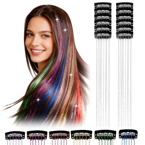 Miniatura 18 de 12 extensiones de cabello de oropel con clip, color champán, extensiones de cabello de oropel con clip, extensiones de cabello con purpurina