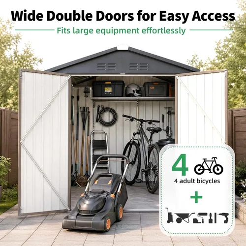 Miniatura 5 de AECOJOY Cobertizo de almacenamiento de metal para exteriores de 4 x 6 pies, cobertizo de herramientas de jardín resistente con puerta doble con Gris