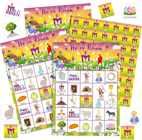 Shappy Juego de 39 tarjetas de bingo de Pascua para niños y adultos, 28 jugadores, He is Risen, juego de fiesta, tarjetas de bingo bíblicas para