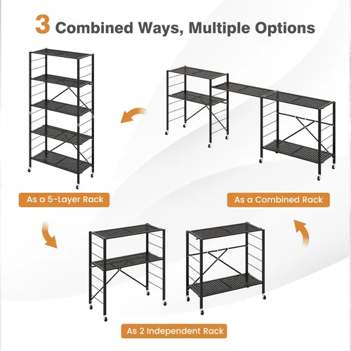 Miniatura 3 de Giantex Estantería plegable de 5 niveles con ruedas color negro, estantes de metal plegables de 60 pulgadas de alto para almacenamiento