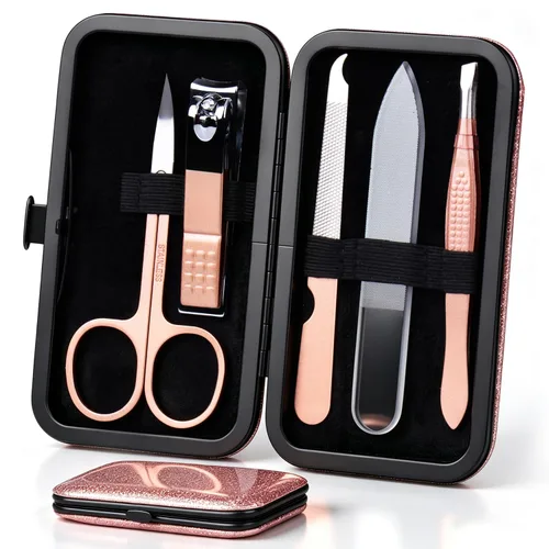 HANTEKAS Juego de manicura 5 piezas en 1 de acero inoxidable profesional para el cuidado de las uñas, incluyendo nanocristal, brillo de uñas, lima,