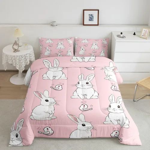 Miniatura 10 de Feelyou Juego de ropa de cama de conejo para niños, tamaño individual, juego de edredón de conejo para niñas y mujeres, edredón de plumón verde