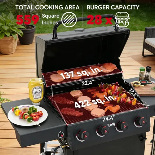 Miniatura 3 de Feasto Parrilla de barbacoa de gas de 4 quemadores con mesas laterales, parrilla de propano para exteriores de 36,000 BTU con cuerpo de cámara