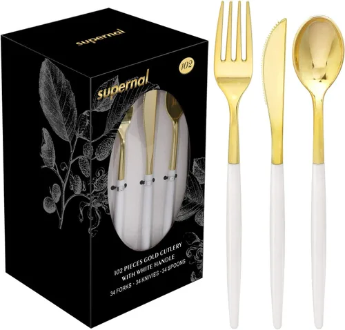 Supernal Juego de cubiertos de plástico dorado de 102 piezas con elegantes asas blancas, cubiertos desechables resistentes (34 tenedores, 34 102PCS