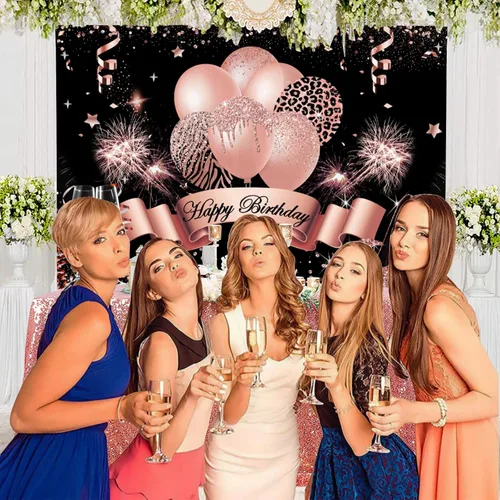 Miniatura 2 de InMemory Telón de fondo de cumpleaños de oro rosa para mujeres y niñas, fondo de fotografía de feliz cumpleaños, globos con purpurina, tacones