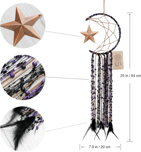 Miniatura 3 de Dremisland Atrapasueños de luna hecho a mano, medio círculo, diseño de luna atrapasueños, plumas, colgando con estrella, decoración del hogar, Morado