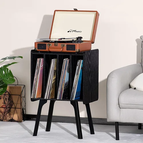Miniatura 4 de LELELINKY - Soporte pequeño para tocadiscos de 11.7 pulgadas de ancho, mesa de almacenamiento para discos de vinilo color negro con 4 gabinetes