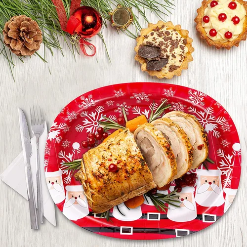 Miniatura 4 de 50 platos de papel ovalados de Navidad, platos desechables grandes de 10 x 12.5 pulgadas para decoración de mesa de vajilla de Navidad Rojo