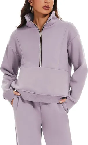 Miniatura 11 de PEHMEA Conjunto deportivo de 2 piezas de otoño para mujer, con forro polar, holgado, manga larga, media cremallera, cómodo conjunto de descanso