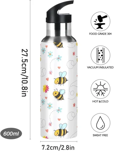Miniatura 9 de BPA-Free Sports Water Bottle 20 Oz, Stainless Steel Vacuum Insulated Water Bottle for Gym Outdoor Travel School, Cute Cartoon Bees Floral White
