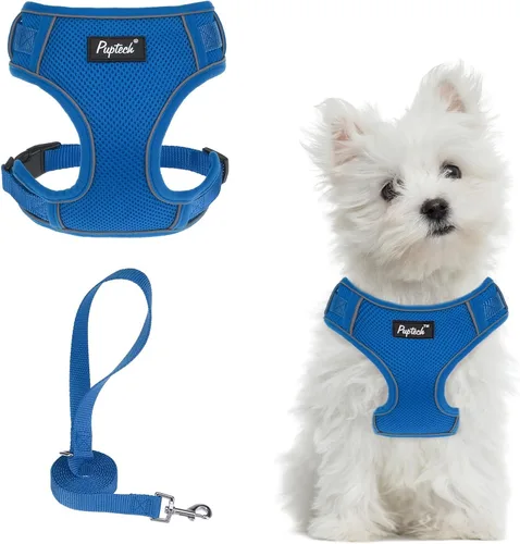 Miniatura 9 de PUPTECK Juego de arnés y correa para perro pequeño, arnés ajustable sin tirones para cachorro, chaleco de malla suave reflectante para mascotas