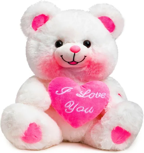 HollyHOME Oso de peluche con corazón, oso rosa de peluche que dice te amo y rubores, juguetes de peluche LED para novia y niños, 13 pulgadas, color