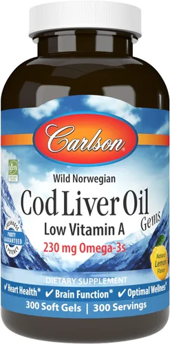 Carlson - Gemas de aceite de hígado de bacalao, baja vitamina A, 230 mg de omega-3, noruego, capturado en la naturaleza, de origen sostenible, 300
