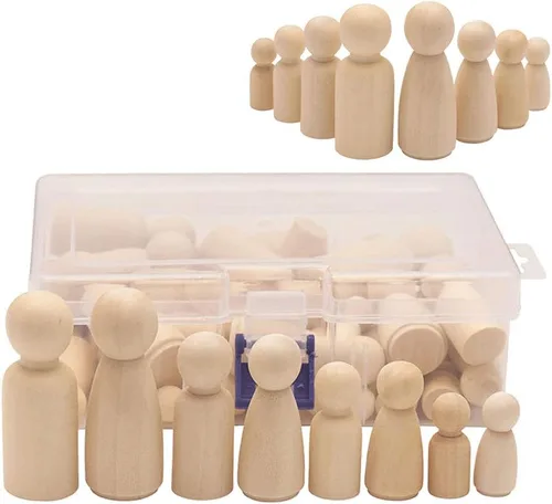 Paquete de 50 muñecos y figuras de madera sin terminar, formas y tamaños surtidos para manualidades, pintura y decoración del hogar