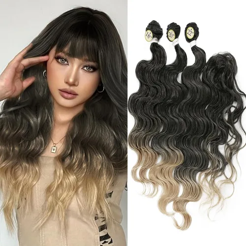 Miniatura 7 de HANNE Paquetes de cabello castaño mezclado con extensiones de cabello ondulado con cierre Sintético 18 "20" 22" con cierre de encaje, resistente