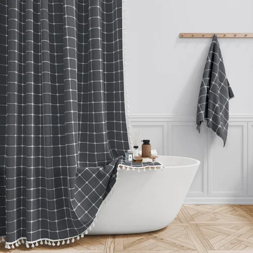 Miniatura 36 de BTTN Juego de cortinas de ducha estilo bohemio de granja con borlas, tela rústica de lino resistente, repelente al agua, cortinas de ducha gruesas A