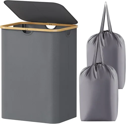 Miniatura 20 de Lifewit Cesta de ropa de 120L con tapa, cestas de ropa para lavandería con asas de bambú y una bolsa de lavandería extraíble, cesta plegable grande