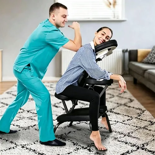 Miniatura 2 de ZENY Silla de masaje portátil, silla de terapia de spa de tatuaje, ajustable, negro, cuero PU, aluminio, estilo moderno, 58.72cmde largo x 45.72cmde