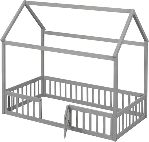 Miniatura 8 de Cama de madera de tamaño individual con valla y puerta, para niños, adolescentes, niños y niñas, uso en el dormitorio (gris lavado @r, individual)