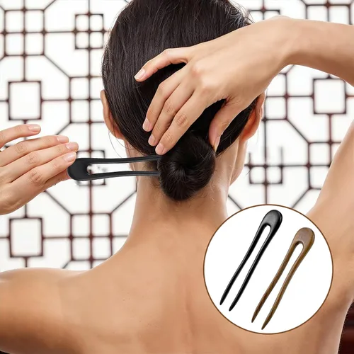 Miniatura 6 de Paquete de 2 horquillas en forma de U con dos puntas para moños, tenedores de madera para el pelo, horquillas de pelo francés, tenedor de madera