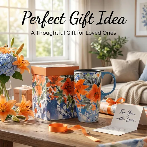 Miniatura 8 de Topadorn Taza de café de cerámica de 17 onzas con tapa y caja de regalo, taza de té de porcelana geométrica floral naranja acuarela, apta