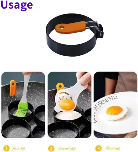 Miniatura 5 de 2 anillos redondos de acero inoxidable antiadherentes de 3.5 pulgadas con mango de silicona naranja, anillos de huevo para freír huevos, anillos