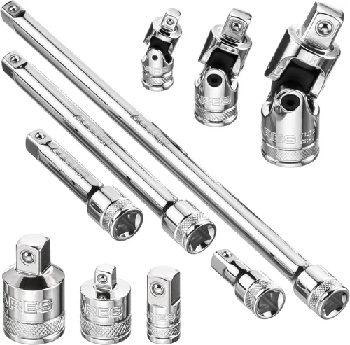 ARES 71270 - Juego de accesorios de 10 piezas, acero al cromo vanadio de alta calidad con acabado espejo, incluye adaptadores de enchufe,