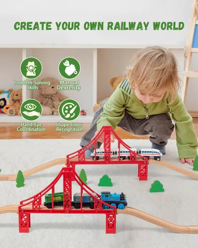Miniatura 4 de Accesorios de vías de tren de madera, accesorios ferroviarios de tren, puente de tren de doble suspensión, juego de tren de juguete para niños