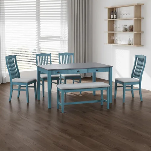 RuiSiSi - Juego de mesa de comedor de madera para 6 personas con almacenamiento, juego de mesa de comedor rectangular de 6 piezas, juegos tapizados,