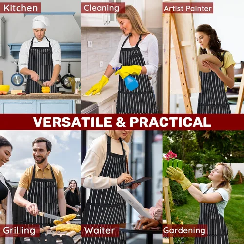 Miniatura 6 de Paquete de 2 delantales de cocina a rayas para hombres y mujeres, delantal ajustable con 3 bolsillos, delantal de chef para cocinar, hornear