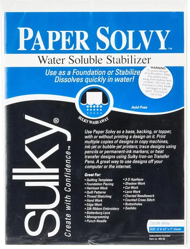 Sulky Paper Solvy Paquete de 12 estabilizadores de tela solubles en agua, 8-1/2 pulgadas x 11 pulgadas.