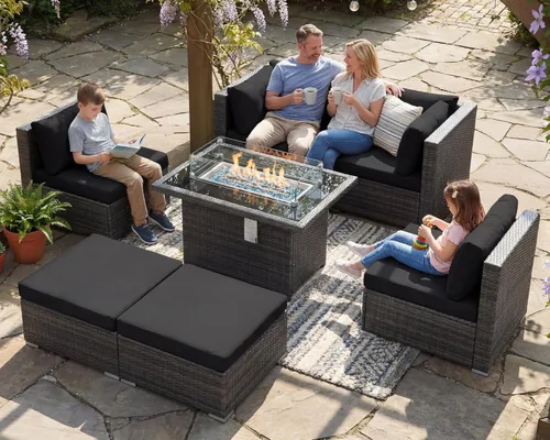 Miniatura 72 de NICESOUL Juego de muebles de patio para exteriores de 7 piezas con mesa para hoguera, gas natural y propano convertible, respaldo alto de 29.3