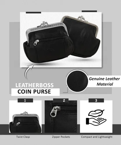 Miniatura 5 de Leatherboss - Cartera de piel auténtica con doble marco y bolsillo con cremallera