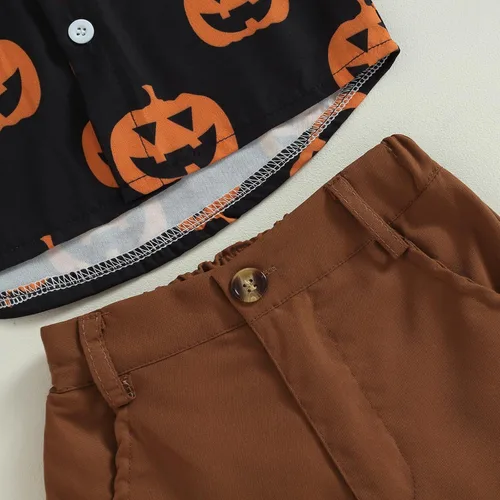 Miniatura 5 de Gueuusu Ropa de Halloween para bebé niño, camisa de manga corta con botones y cintura elástica, 2 piezas, traje de caballero
