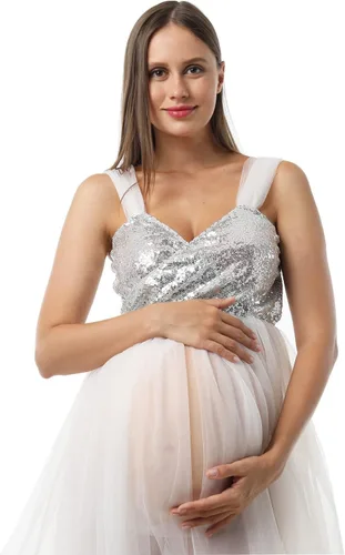 Miniatura 5 de Vestido de maternidad para fotografía, lentejuelas con purpurina, hombros descubiertos, tul con abertura frontal, vestidos de embarazo para sesión