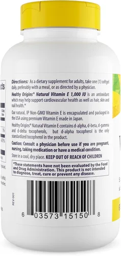 Miniatura 2 de Healthy Origins Vitamina E, 1,000 UI (naturales) mixtos de tocoferoles - Suplemento de vitamina E - Vitamina sin gluten y sin OMG para la piel