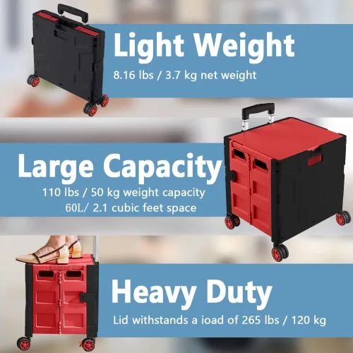 Miniatura 7 de Carrito de Compras Utilitario Plegable Portátil Rodante Caja con Carretilla de Mano con Rueda Giratoria de 360°, Tapa Oculta, Mango Telescópico Rojo