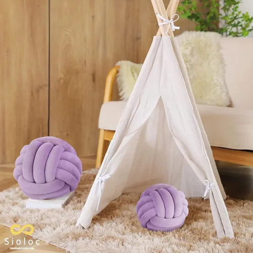 Miniatura 5 de Sioloc - Almohadas de nudo suave, cojín redondo para decoración del hogar, almohada de bola anudada hecha a mano (10.6 pulgadas, color lila)