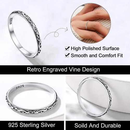 Miniatura 4 de FOCALOOK Anillo de plata de ley 925 de 0.110 in de ancho, tamaño 4, anillo de plata envejecida, hipoalergénico para mujer