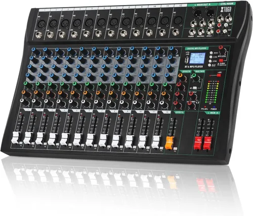 XTUGA Mezclador de Audio de 12 Canales Mezclador de Sonido Mesa de Mezclas, Interfaz de Audio, Mezclador DJ Consola de Audio para Karaoke en Vivo