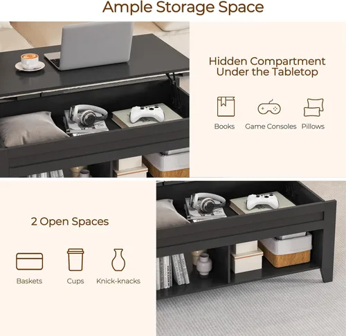Miniatura 7 de Yaheetech Mesa de centro de madera negra elevable, con almacenamiento oculto y 2 estantes abiertos para sala de estar, recepción, oficina, 39.5 Negro