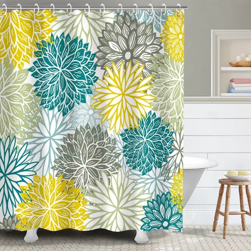 RosieLily Dahlia - Cortina de ducha, azul, amarillo y gris, 72 x 72 pulgadas, color marrón marino, juego de decoración de baño con 12 ganchos