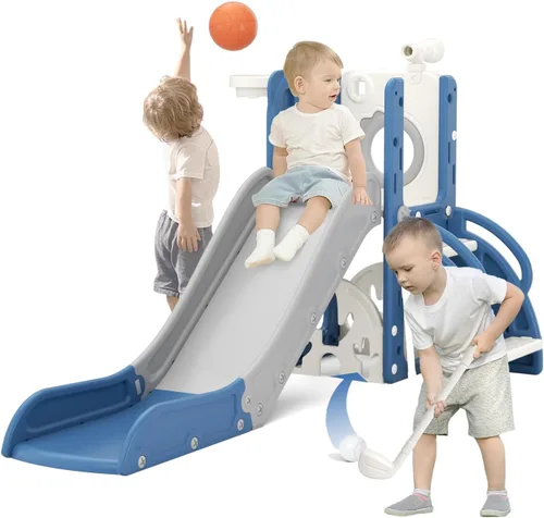 Miniatura 12 de KORIMEFA Tobogán infantil 7 en 1, tobogán infantil para bebés de 1 a 3 años, para interiores y exteriores, con aro de baloncesto y juego de golf